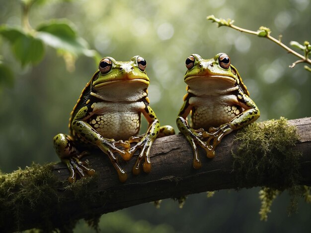 Frogs sitting on top of a tree branch