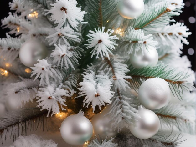 Photo frohe weihnachten grukarte goldene christbaumkugeln ornamente und kieferzweige auf schnee auf ti