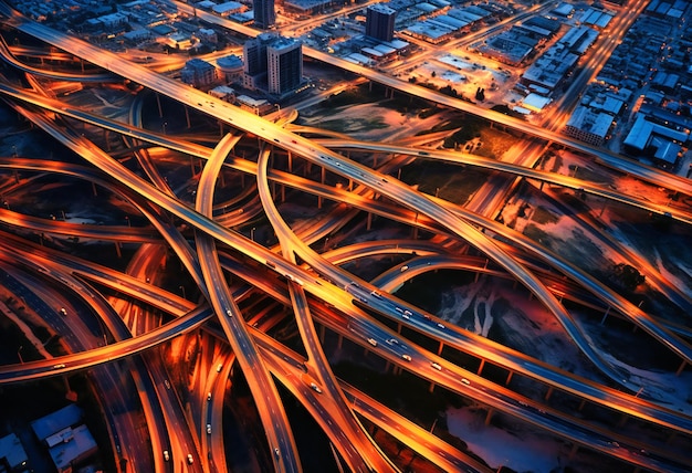 交差する州間高速道路の複雑なネットワークは,現代の輸送と接続の活発な動脈を空中から見ることができます