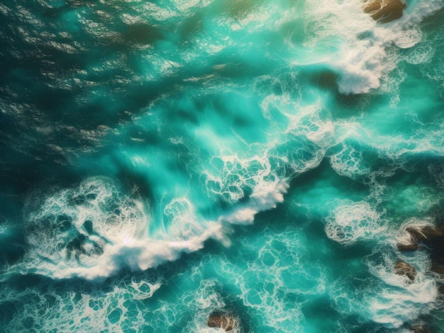 From above aerial view of turquoise ocean water with splashes and foam