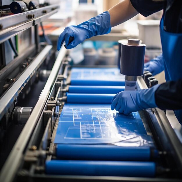 Photo from above anonymous employee in dirty rubber glove spreading blue ink on rollers of industrial