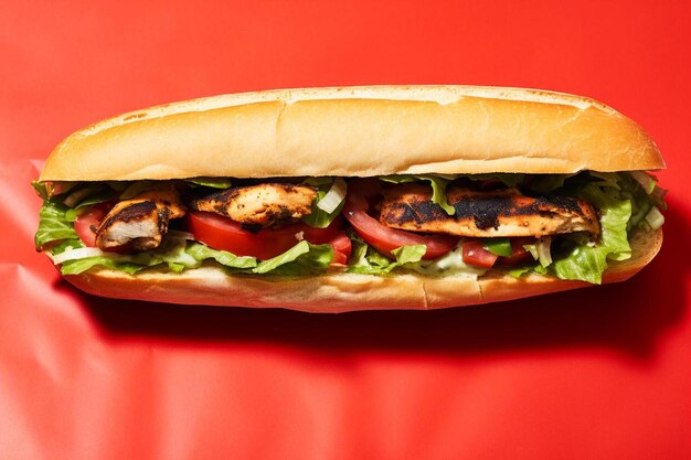 From above appetizing sandwich with grilled chicken fresh lettuce and tomatoes served on baking