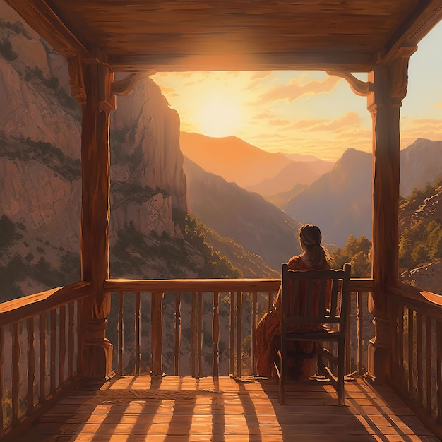 From the back of a woman sitting on a wooden porch extending into a high mountain cliff