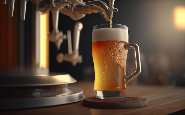 from a beer tap beer pouring into a glass. pub background. ai generated