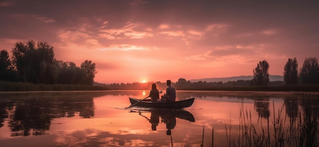 From behindA couple in love look at beautiful sunset in a rowing boat on the lake Pink sky and vanilla cloudsGenerative AI