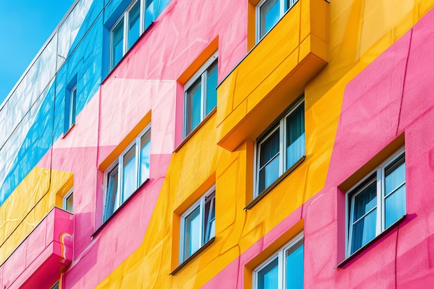 From below of colorful geometric building with colorful geometric ornament and windows on wall in ci