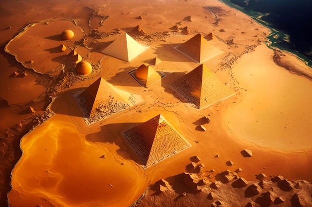 From above the Egyptian pyramids are aweinspiring standing as ancient sentinels against the vast desert landscape Generative AI