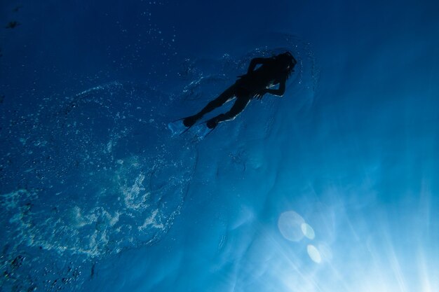 From below of full body anonymous person diver in wetsuit and flippers in snorkeling mask floating in blue seawater in summer day