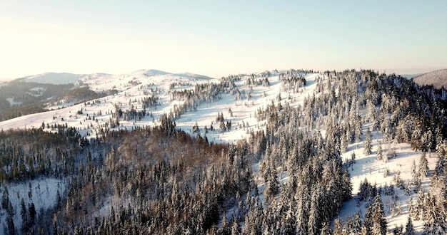 Da grande altezza fiabesco paesaggio di montagna innevato alpino cime aguzze inverno selvaggio nelle montagne dei carpazi ucraina spesse nuvole bianche spazio aperto antenna 4k