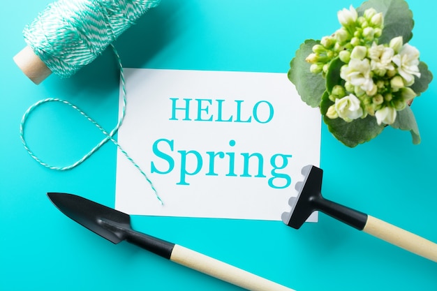 Сверху слова Hello Spring и разные инструменты для садоводства на бирюзовом столе