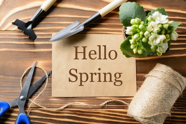 From above Hello Spring words and different instruments for gardening on the wooden table