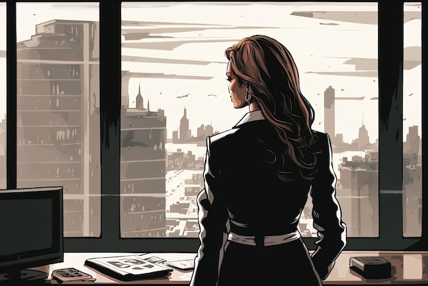 from her cubicle a businesswoman surveys the metropolis