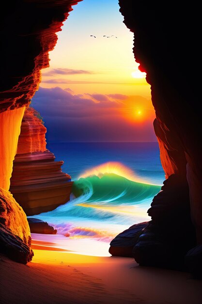 Photo from inside the cave at caves beach sunrise digital artwork