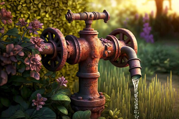 오래된 녹슨 큰 정원 수도꼭지에서 식물에 물을 주기 위한 물이 흐릅니다.