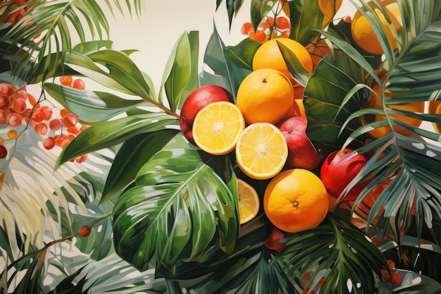 From an overhead perspective envision the presence of palm leaves and tropical fruits against a bac