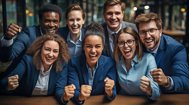 Photo from above perspective happy businesspeople joyfully celebrate their victory as a team at the workplace table