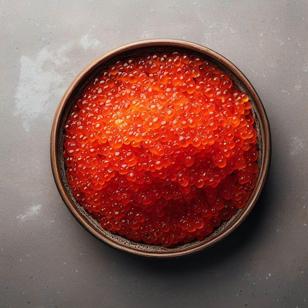 위에서 빨간색 신선한 송어 캐비어가 콘크리트 테이블 배경의 그릇에 제공됩니다.