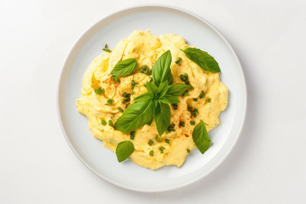 From above scrambled eggs on a white stone plate