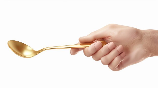 From side view a realistic hand is holding a golden spoon and picking up something isolated on a white background