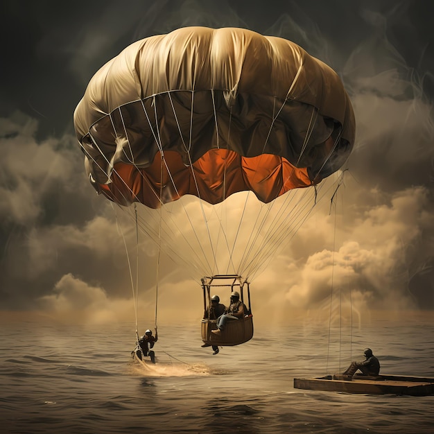 От неба до моря захватывающий выход с парашютом, соединенный с лодкой веревкой