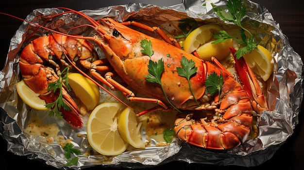 From a top view a baked lobster is displayed on a sheet of foil