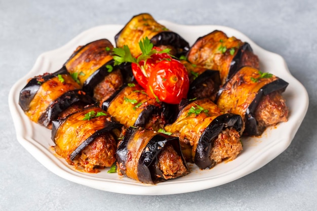 From traditional delicious turkish cuisine; meatballs in deep fried eggplant slices. turkish name; patlican sarma