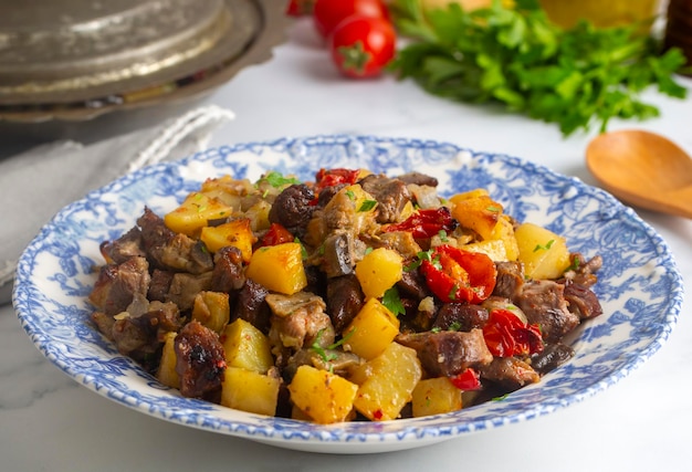 Photo from turkish cuisine meat vegetable kebab casserole turkish name maras tava or kahramanmaras tava orman kebabi