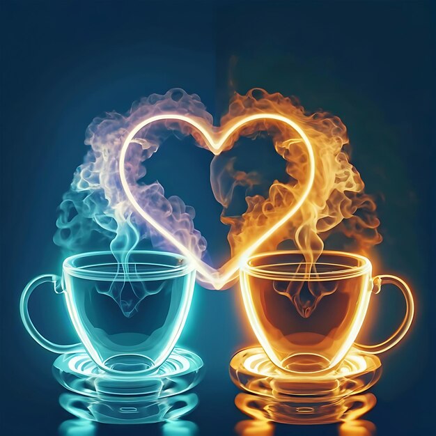 From two cups edge with gold respectively in red bright neon heart represented with steam