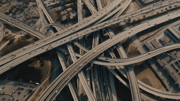 Foto dal punto di osservazione in alto ecco l'intricato design di un trafficato svincolo autostradale a los angeles generato dall'intelligenza artificiale