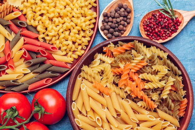 From various pasta close-up, top view