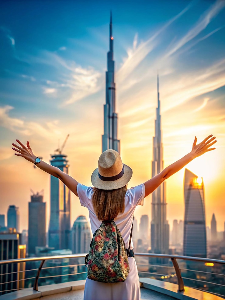 Photo from behind you can see the traveler girl arms spread wide as she take in the incredible view of the burj khalifa and the dubai skyline