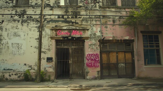 Photo front of an abandoned building with a pink neon sign that says girls nite the building is made of brick and has two stories