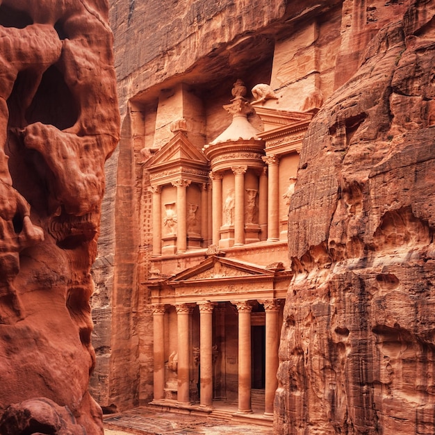 Front of al-khazneh (treasury temple carved in stone wall -\
main attraction) in lost city of petra