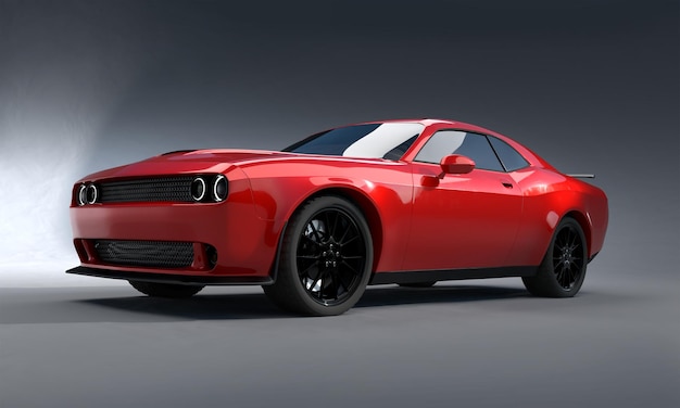 Front angle view of a generic red brandless American muscle car on a grey background Transportation concept 3d illustration and 3d render