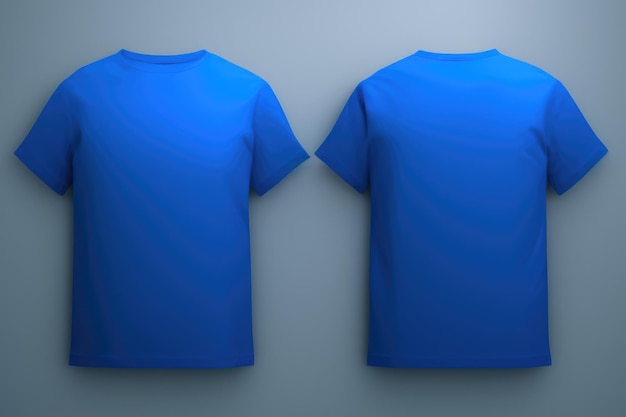 Front and back of a blue T shirt on a gray background