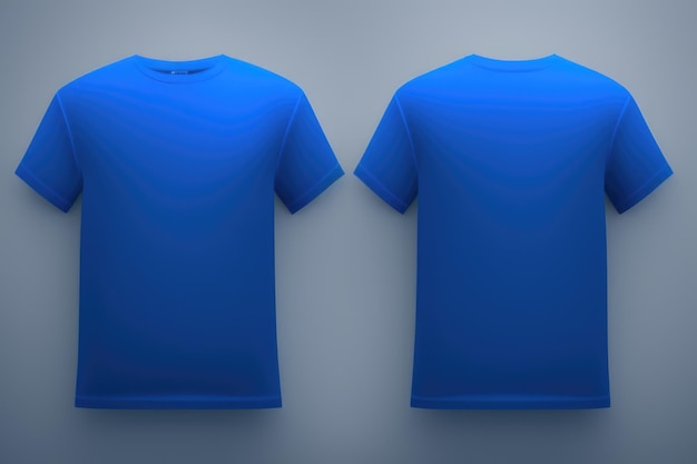 Front and back of a blue T shirt on a gray background