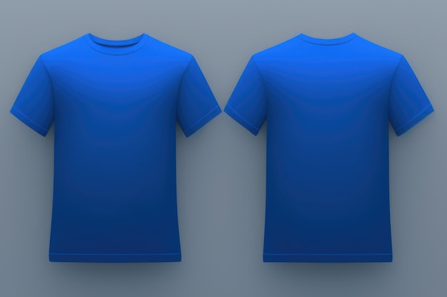 Front and back of a blue T shirt on a gray background