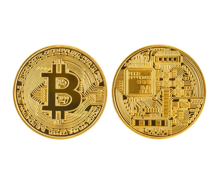 Photo front and back golden bitcoin coin isolated on white background
