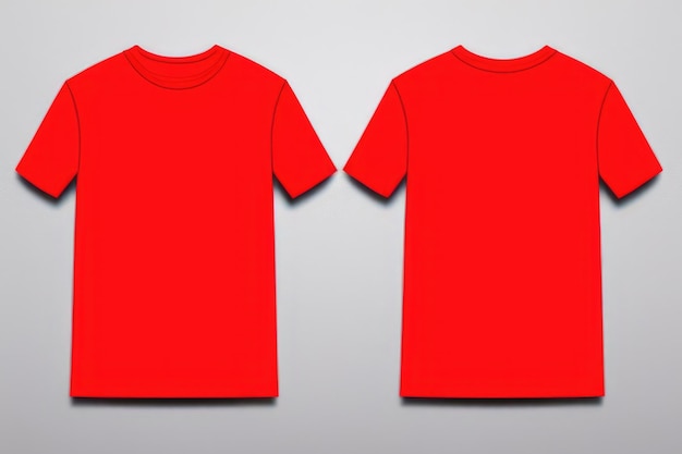 Front and back of a red T shirt on a gray background