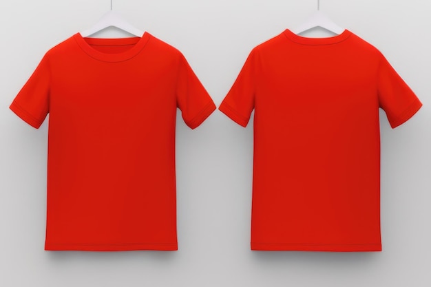 Front and back of a red T shirt on a gray background