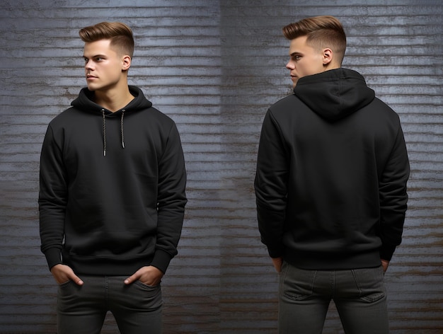 Front and back view of a black hoodie mockup for design print