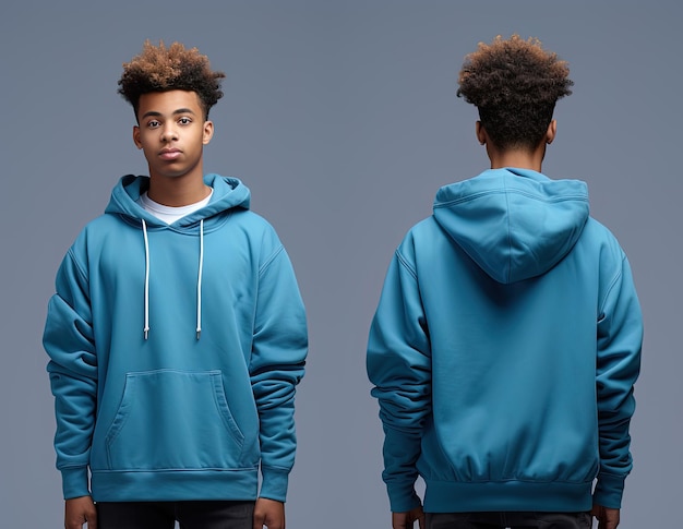 Front and back view of a blue hoodie mockup for design print