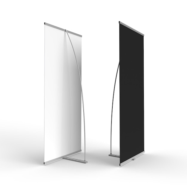 Front and Back view of a Brandable Banner Stand with a black skin isolated on a white background