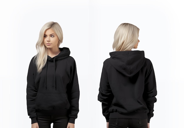 Photo front and back view of a female black hoodie mockup for design print