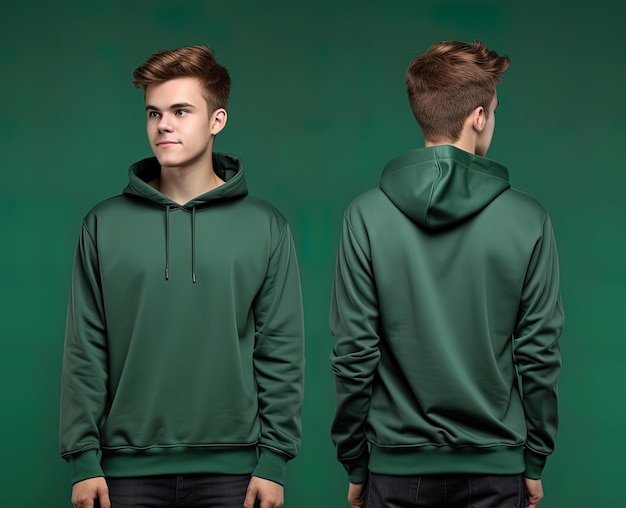 Front and back view of a green hoodie mockup for design print