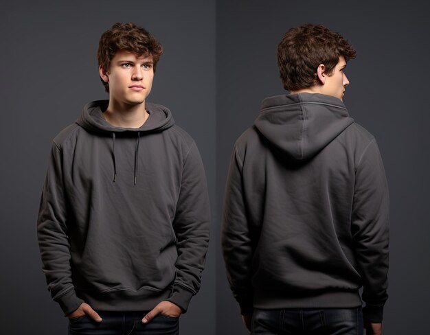 Front and back view of a grey hoodie mockup for design print