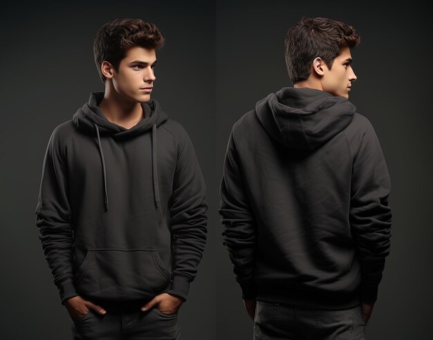 Front and back view of a grey hoodie mockup for design print