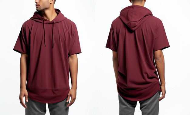 Photo front and back view of a male model wearing a burgundy tshirt isolated on white background male model wearing a dark maroon color hooded tshirt on a white background ai generated