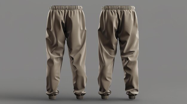 Front and back view of a pair of beige sweatpants joggers with an adjustable drawstring waistband