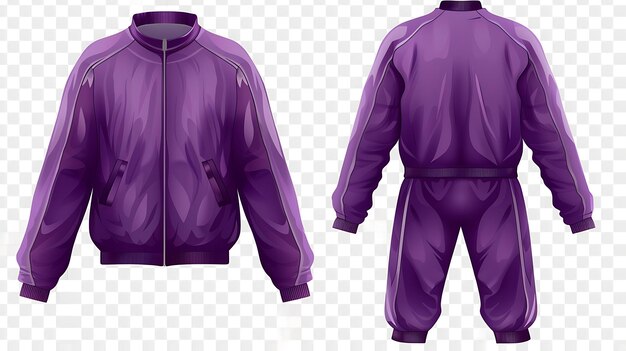 Front and back view of a purple tracksuit The jacket has a standup collar and two pockets The pants have an elastic waistband and two side pockets